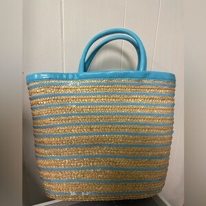 Straw Tote Purse - Baby Blue Sequins & Faux Leather Trim
